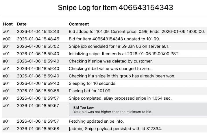 Snipe Log showing eBay error message